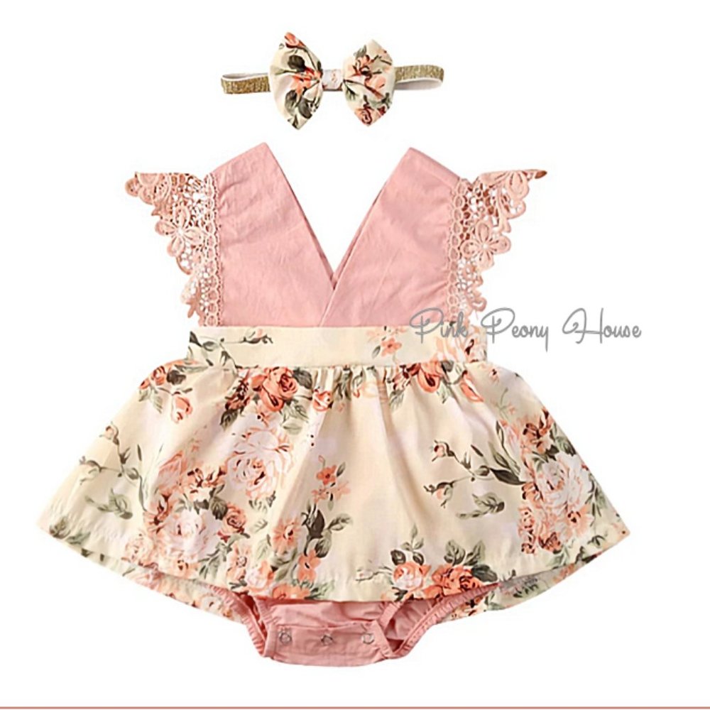NWT 24m Pink Lace Roses Floral Garden Bubble Romper Outfit + Fabric Headband Bow